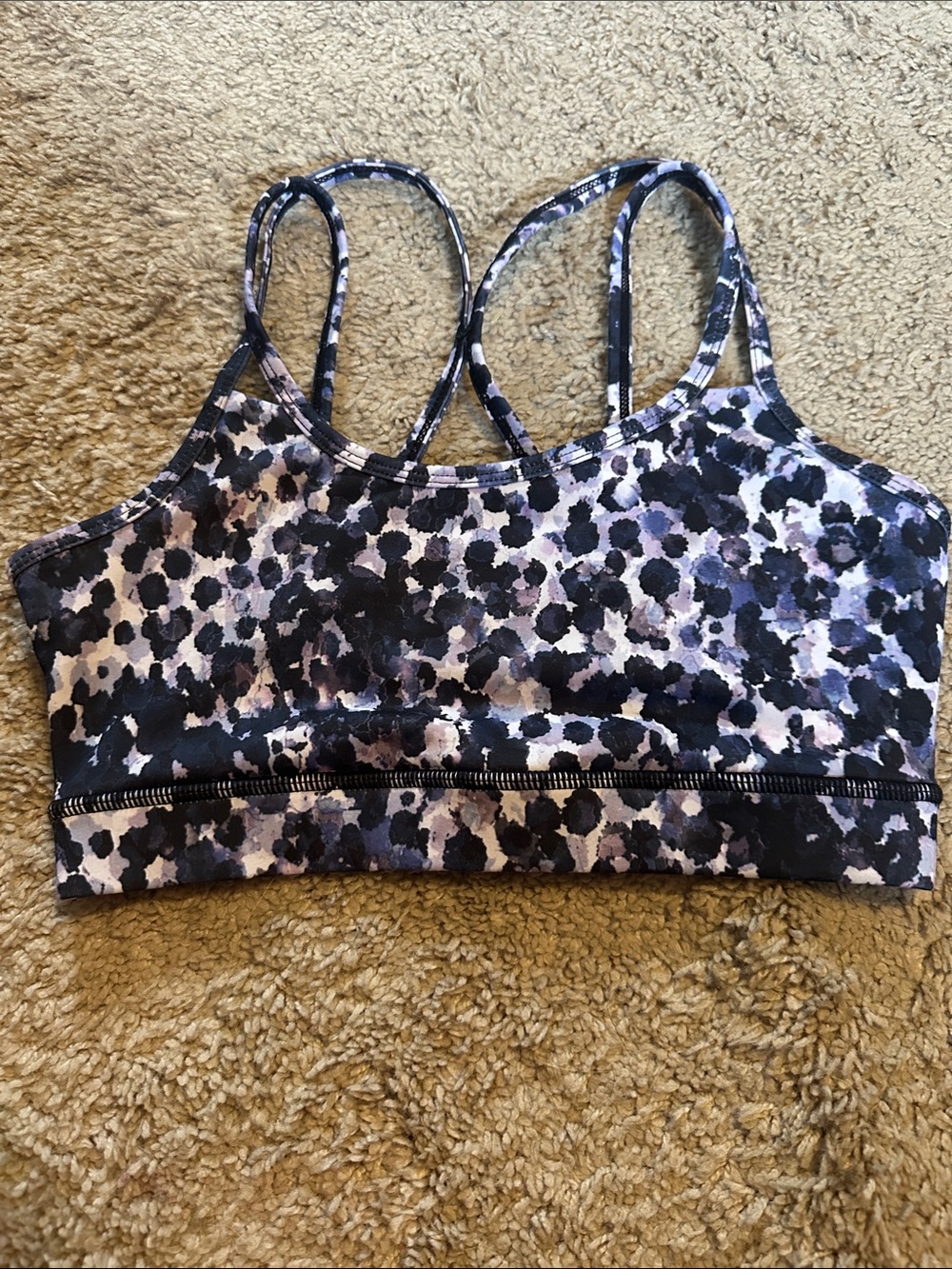 GAIAM Women’s Strappy Sports Bra in Black and Lavender Print